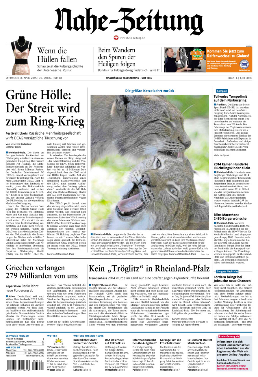 Nahe-Zeitung vom Mittwoch, 08.04.2015