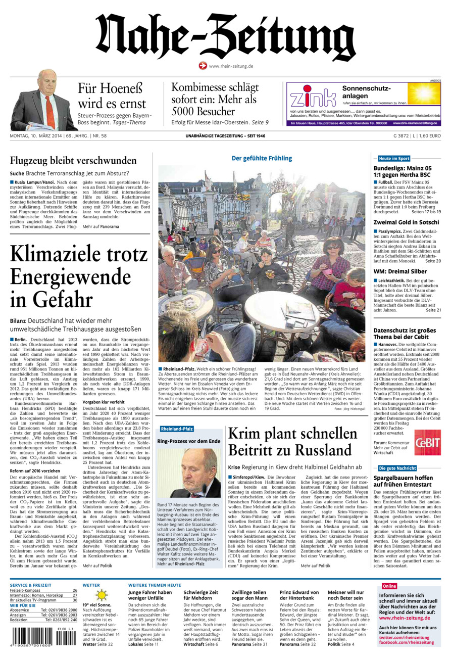 Nahe-Zeitung vom Montag, 10.03.2014