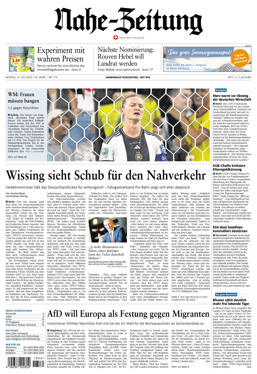 Nahe-Zeitung vom Montag, 31.07.2023