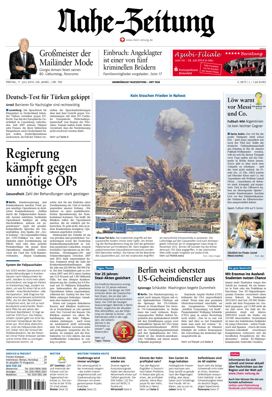 Nahe-Zeitung vom Freitag, 11.07.2014