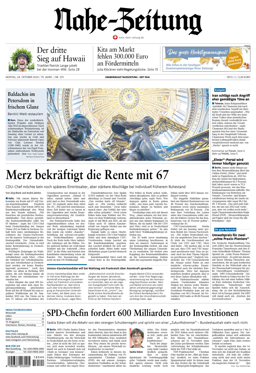 Nahe-Zeitung vom Montag, 28.10.2024