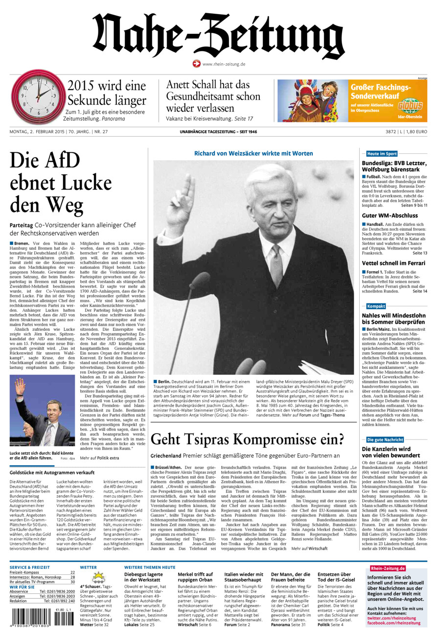 Nahe-Zeitung vom Montag, 02.02.2015