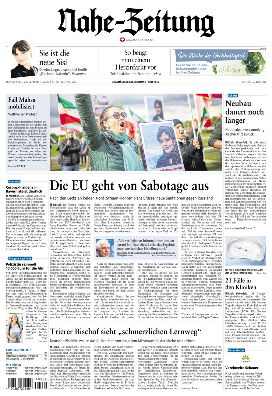 Nahe-Zeitung vom Donnerstag, 29.09.2022