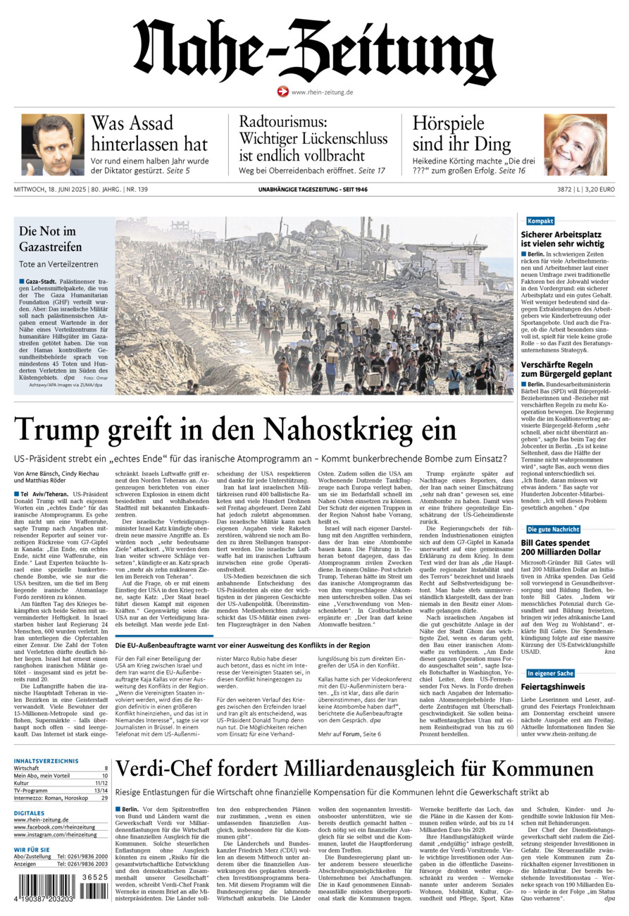 Nahe-Zeitung vom Mittwoch, 18.06.2025
