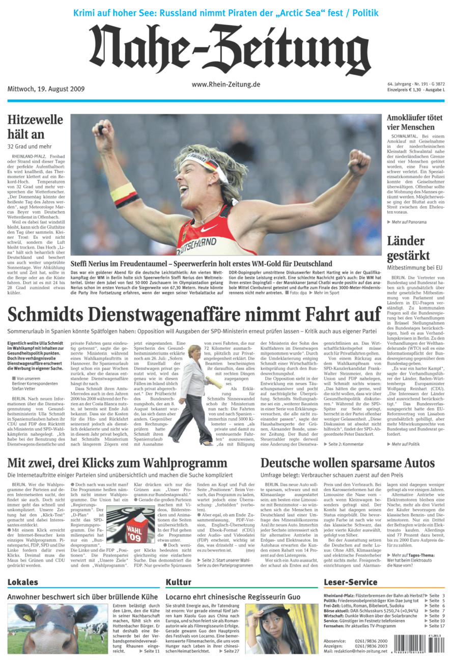 Nahe-Zeitung vom Mittwoch, 19.08.2009