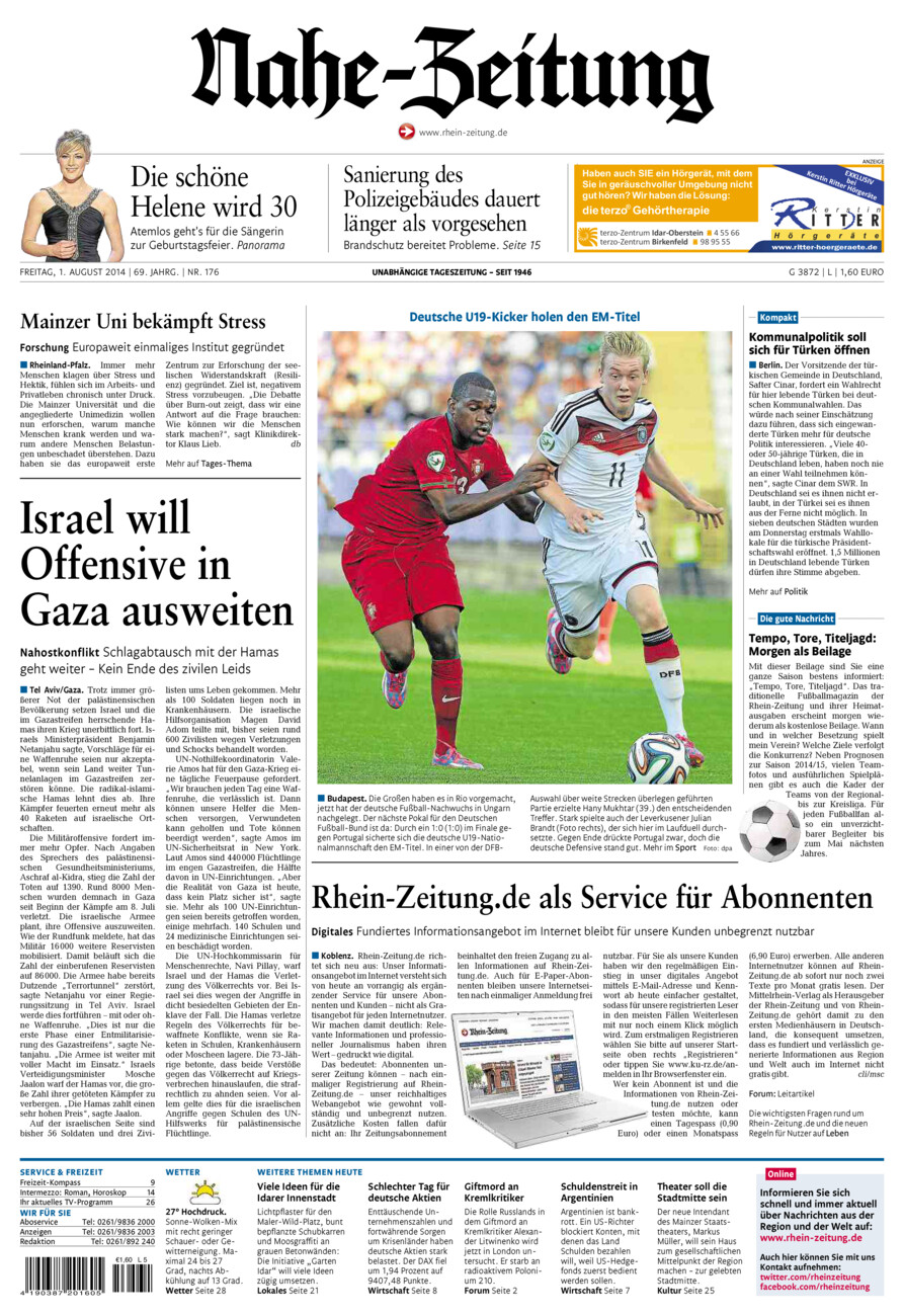 Nahe-Zeitung vom Freitag, 01.08.2014