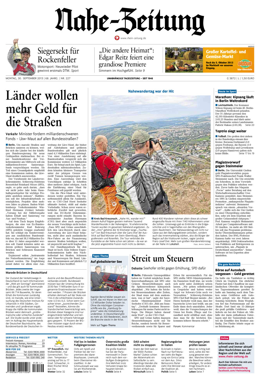 Nahe-Zeitung vom Montag, 30.09.2013