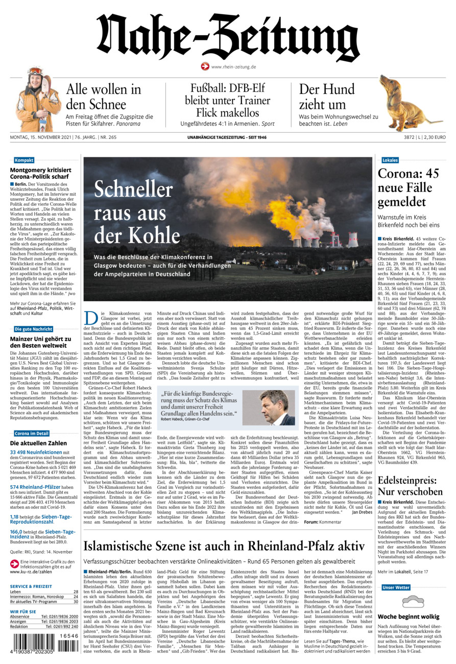 Nahe-Zeitung vom Montag, 15.11.2021
