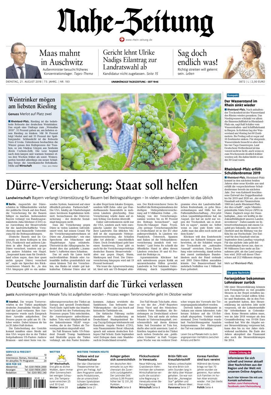 Nahe-Zeitung vom Dienstag, 21.08.2018