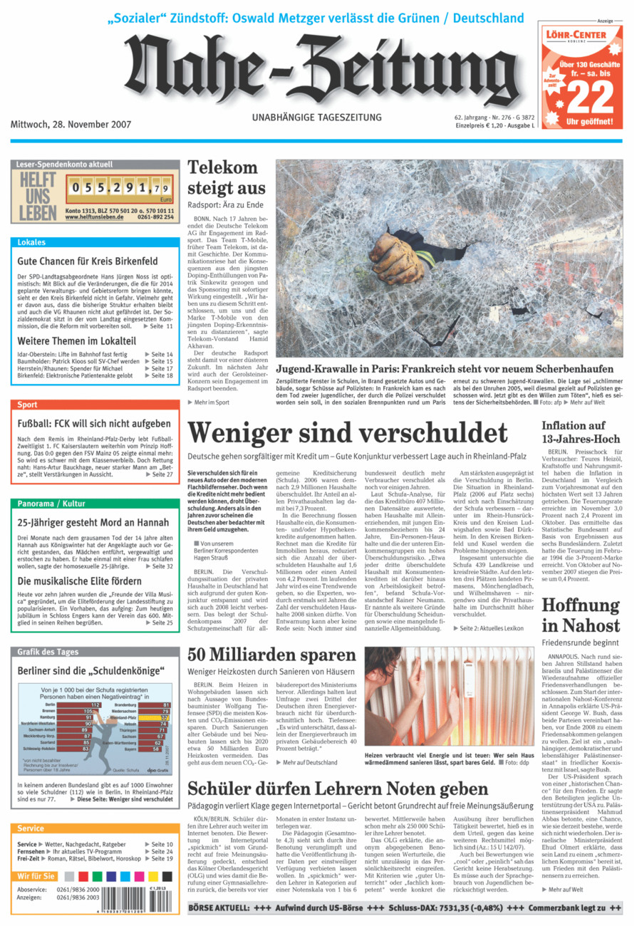 Nahe-Zeitung vom Mittwoch, 28.11.2007