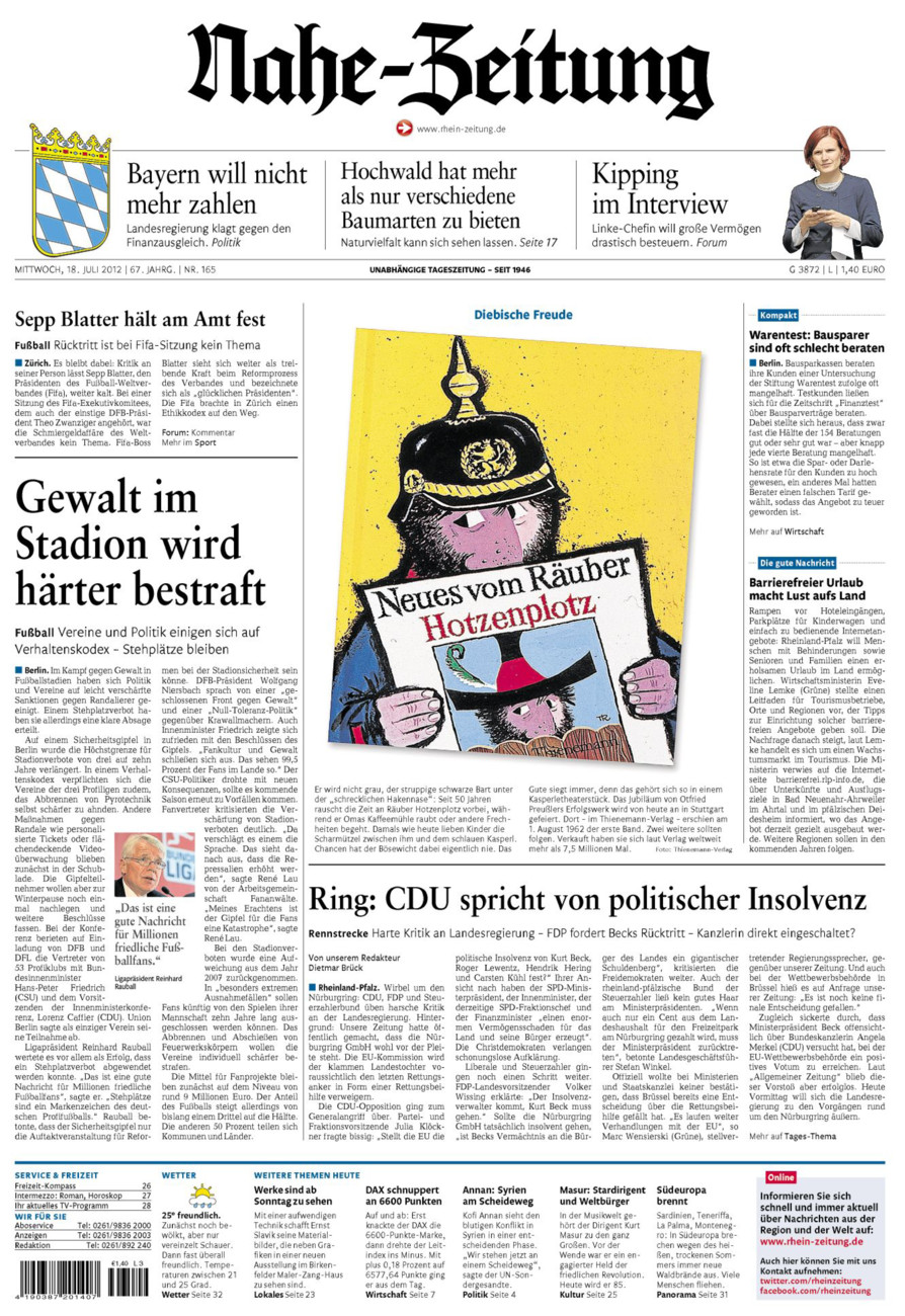 Nahe-Zeitung vom Mittwoch, 18.07.2012