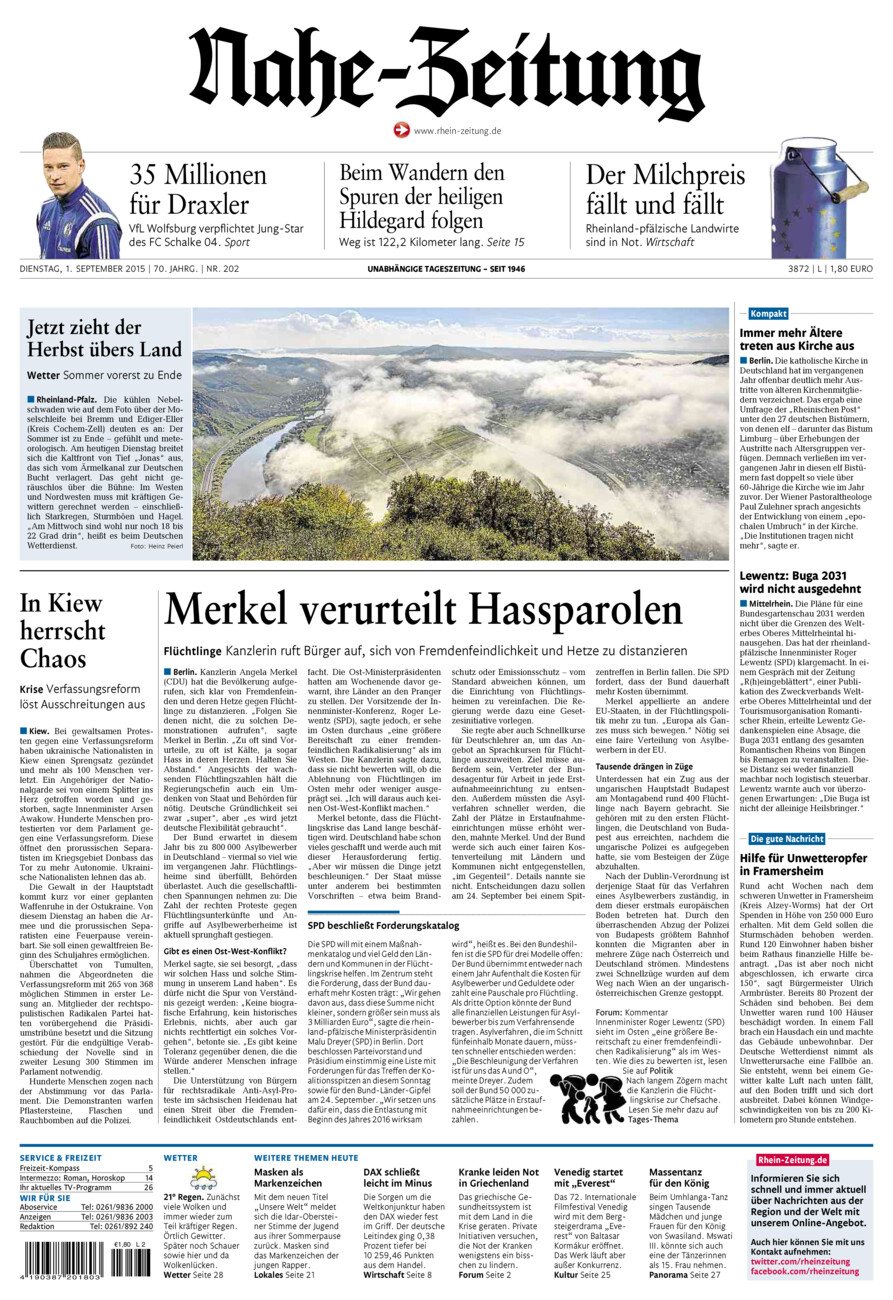 Nahe-Zeitung vom Dienstag, 01.09.2015