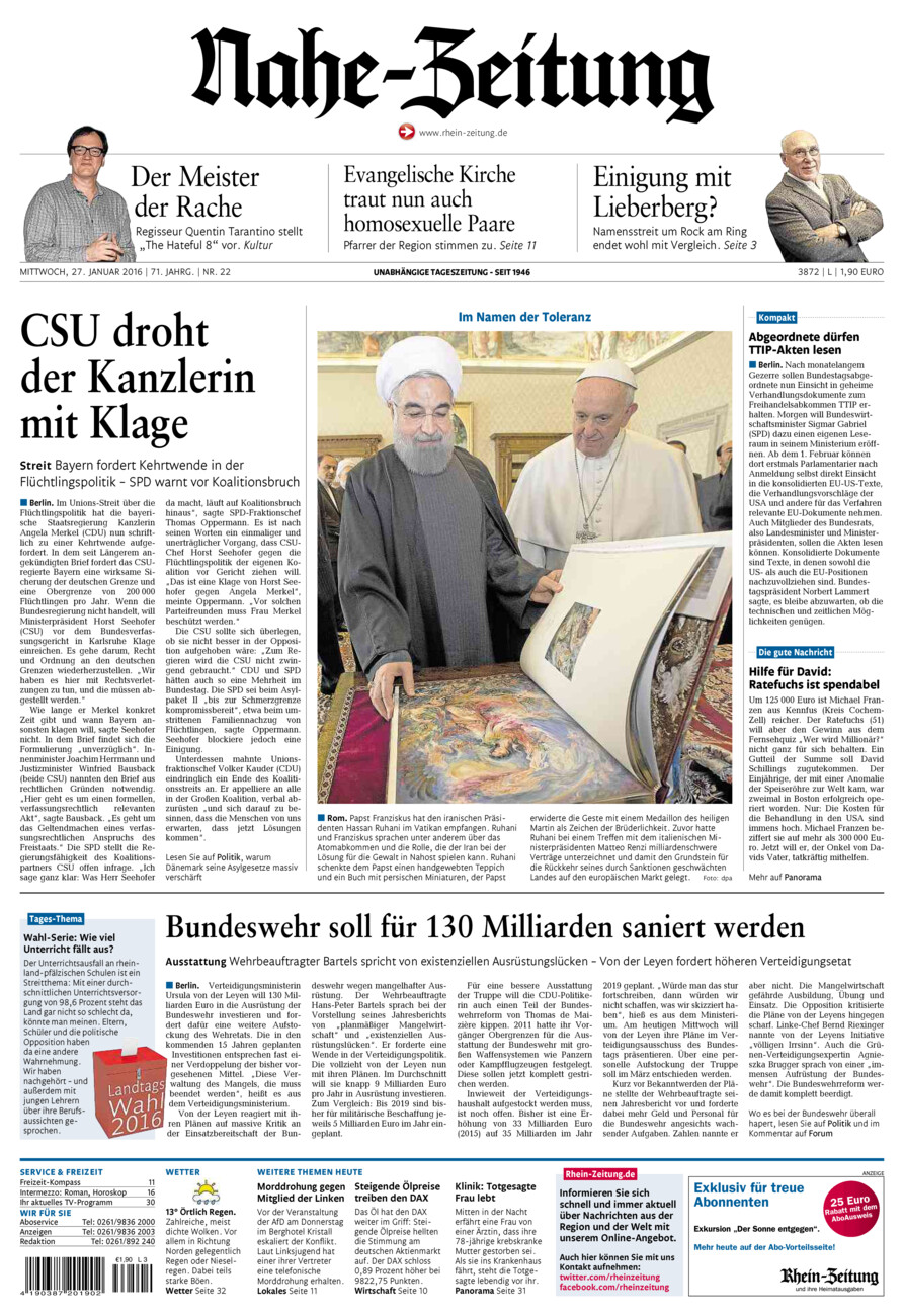 Nahe-Zeitung vom Mittwoch, 27.01.2016