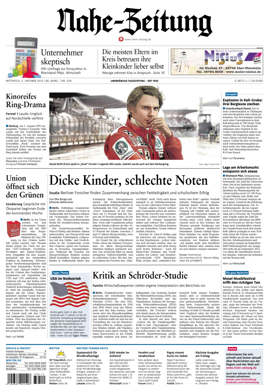 Nahe-Zeitung vom Mittwoch, 02.10.2013