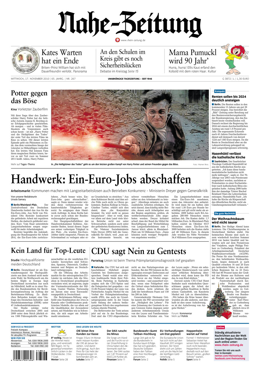 Nahe-Zeitung vom Mittwoch, 17.11.2010
