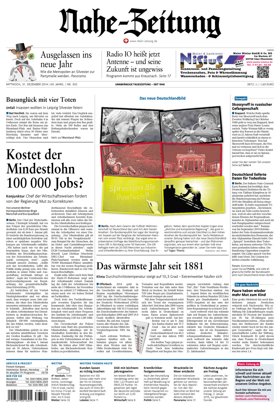 Nahe-Zeitung vom Mittwoch, 31.12.2014
