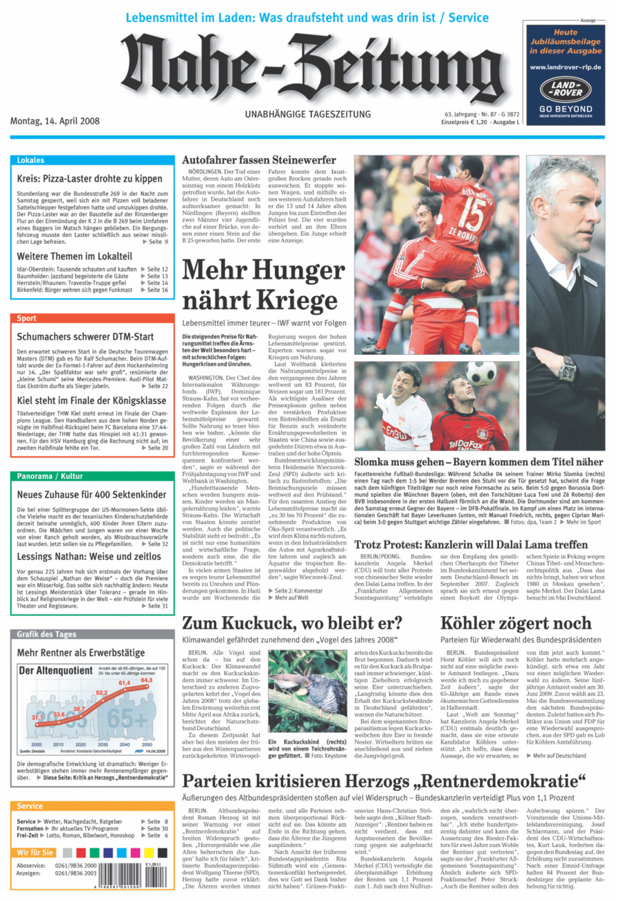 Nahe-Zeitung vom Montag, 14.04.2008