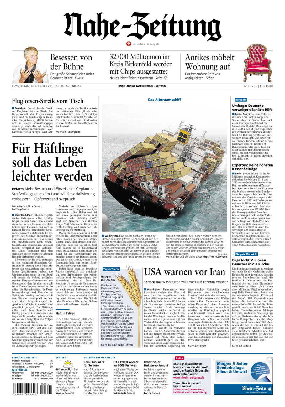 Nahe-Zeitung vom Donnerstag, 13.10.2011