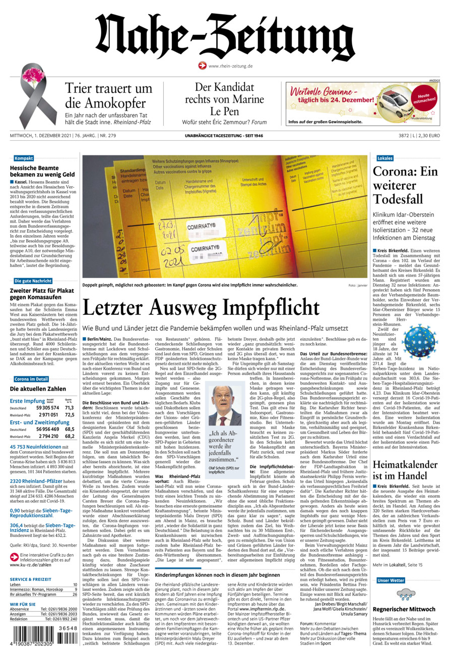Nahe-Zeitung vom Mittwoch, 01.12.2021