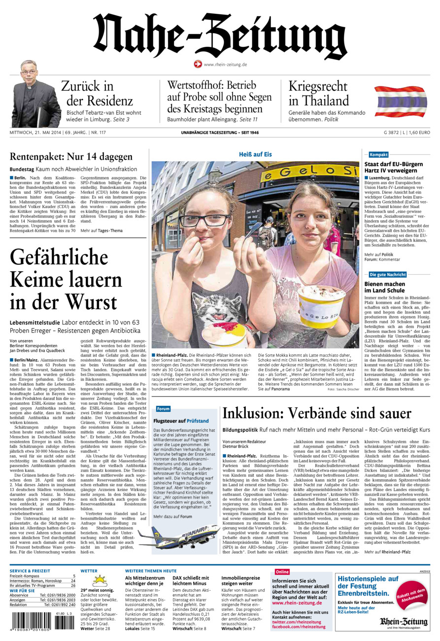 Nahe-Zeitung vom Mittwoch, 21.05.2014