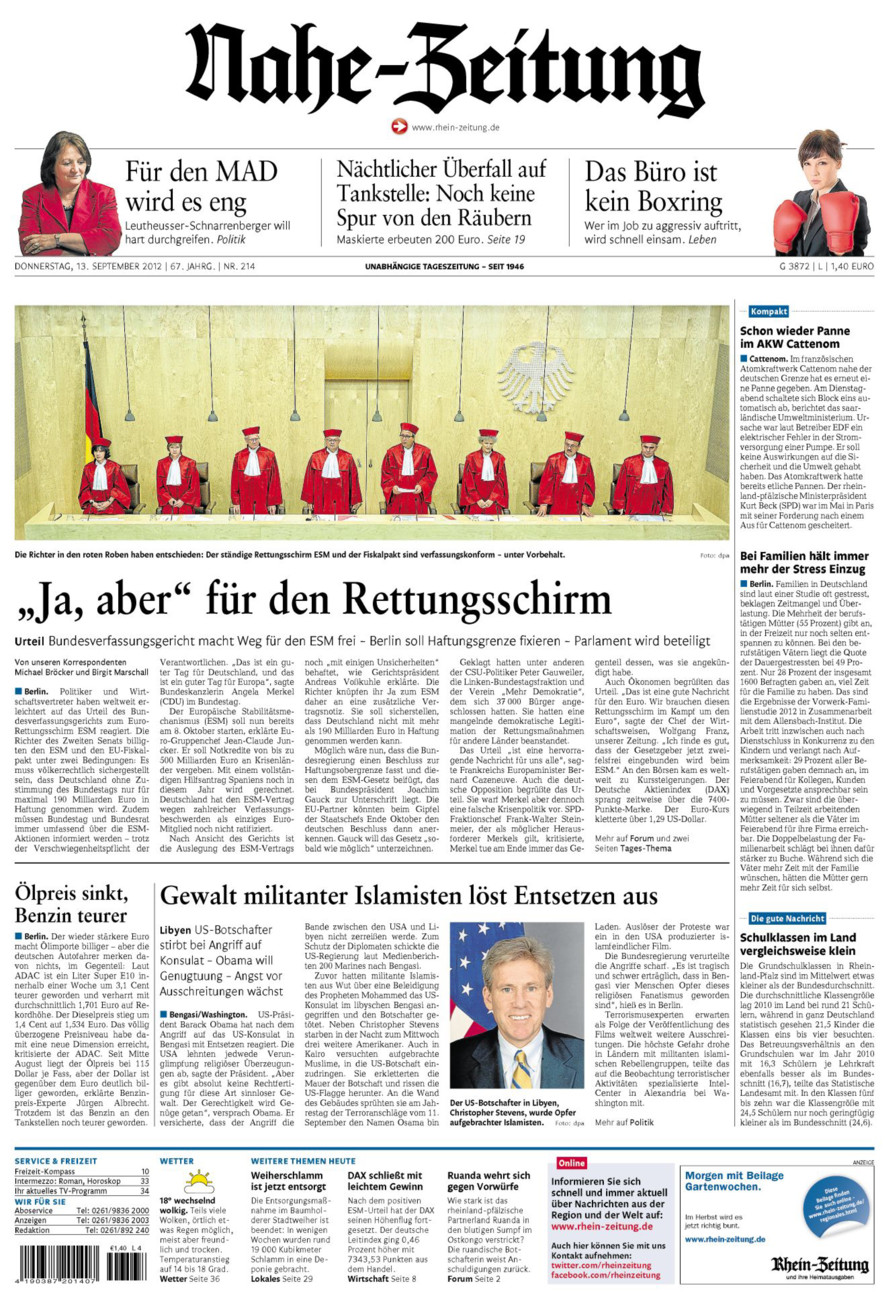 Nahe-Zeitung vom Donnerstag, 13.09.2012