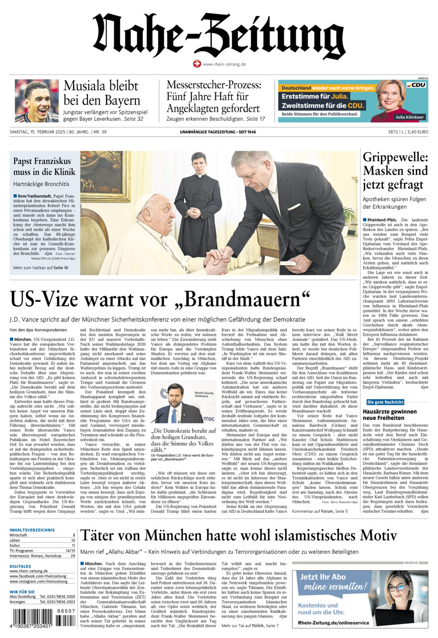 Nahe-Zeitung vom Samstag, 15.02.2025