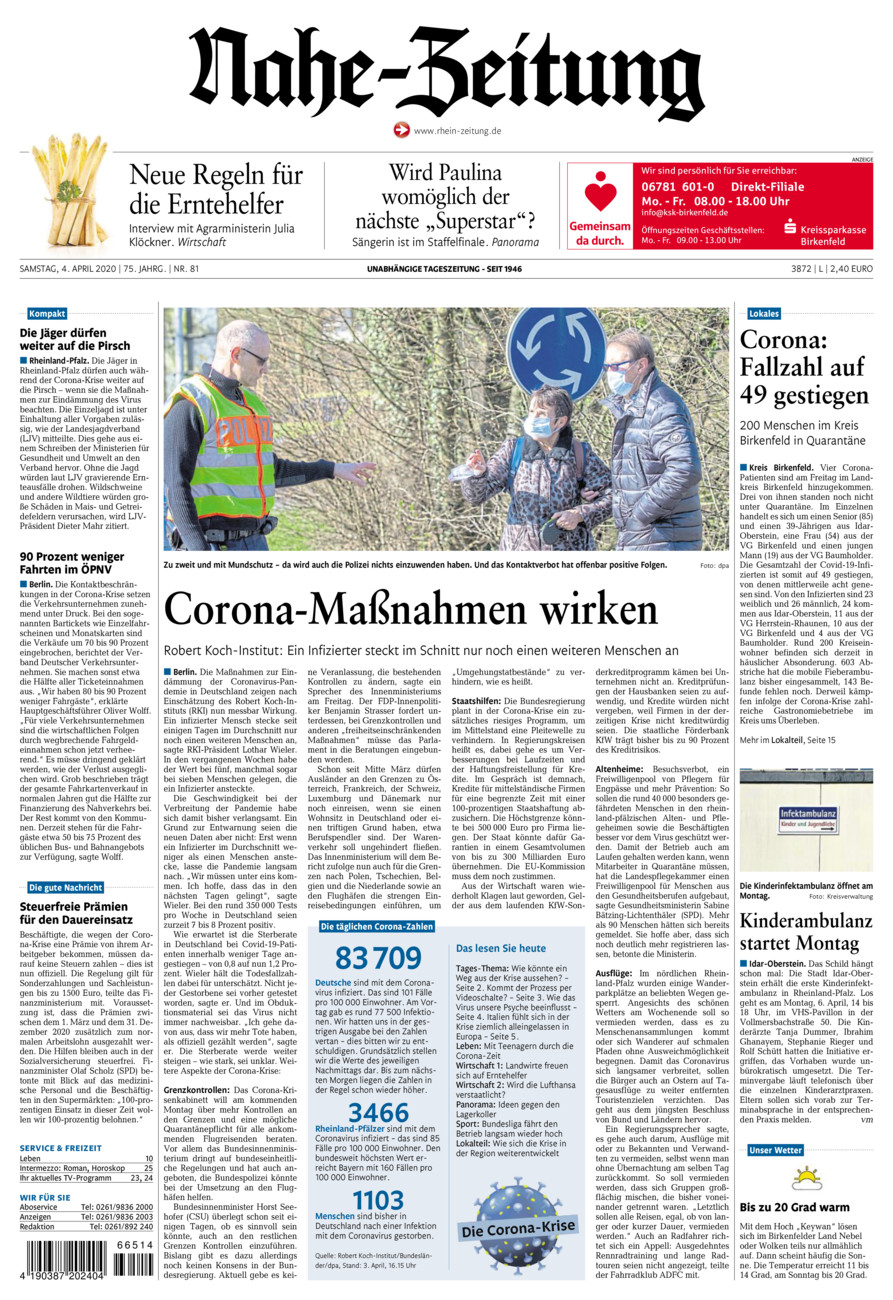 Nahe-Zeitung vom Samstag, 04.04.2020