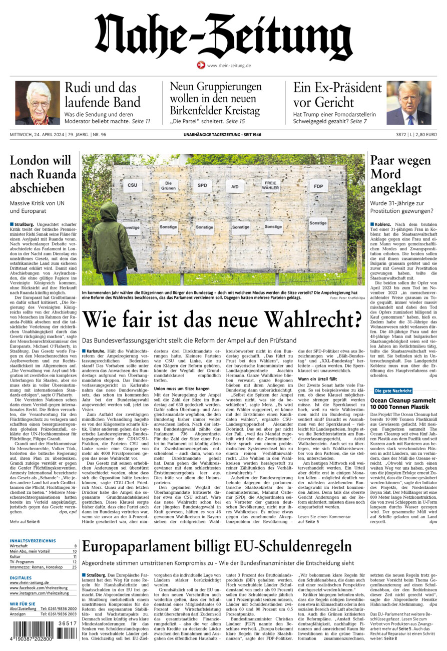Nahe-Zeitung vom Mittwoch, 24.04.2024