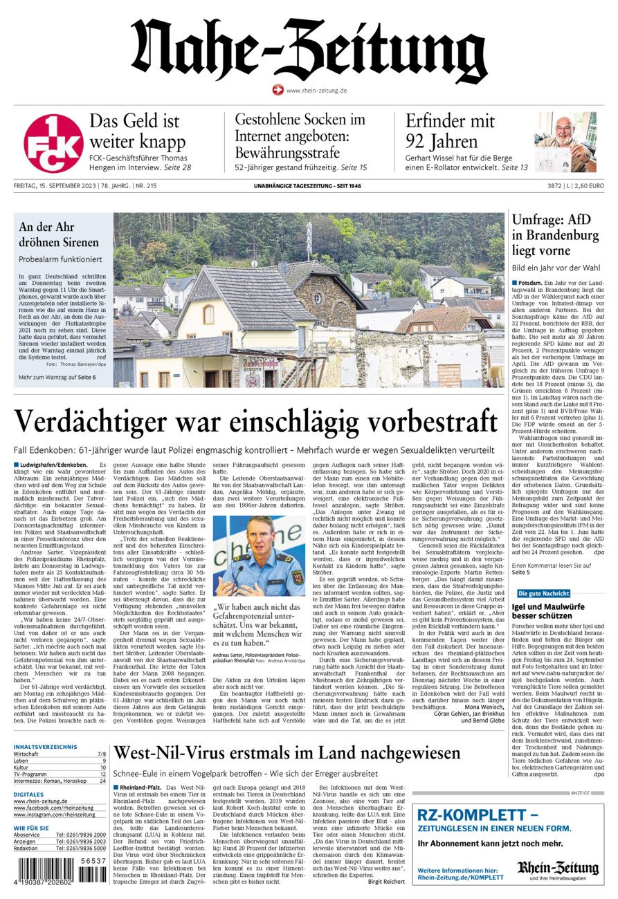 Nahe-Zeitung vom Freitag, 15.09.2023