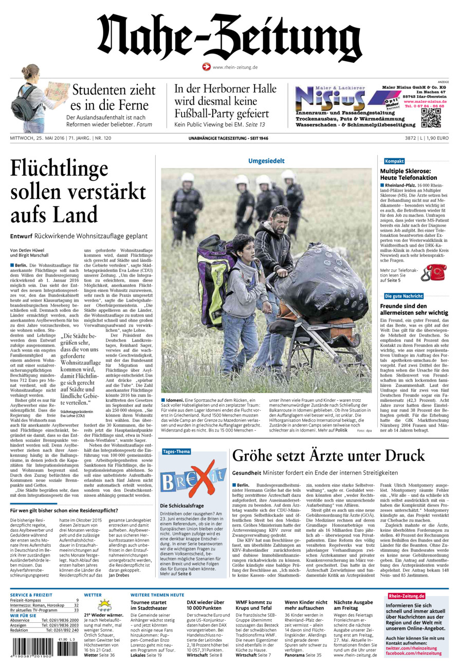 Nahe-Zeitung vom Mittwoch, 25.05.2016