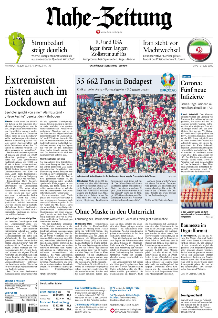 Nahe-Zeitung vom Mittwoch, 16.06.2021