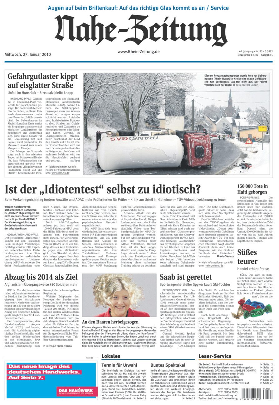 Nahe-Zeitung vom Mittwoch, 27.01.2010