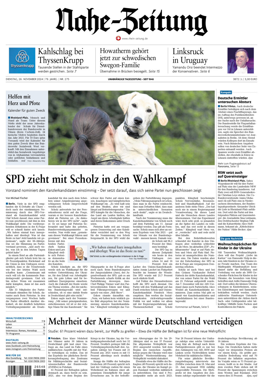 Nahe-Zeitung vom Dienstag, 26.11.2024