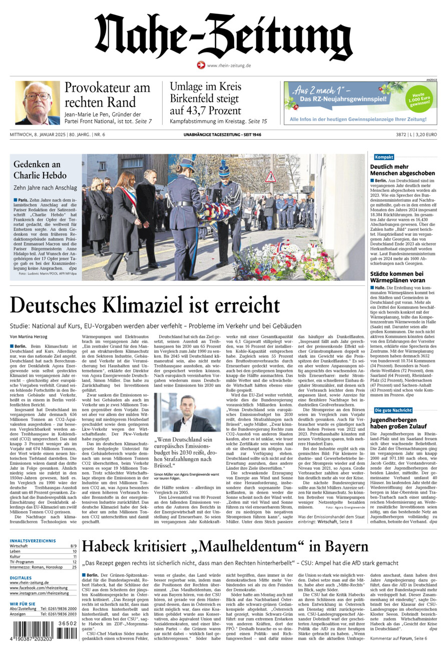 Nahe-Zeitung vom Mittwoch, 08.01.2025