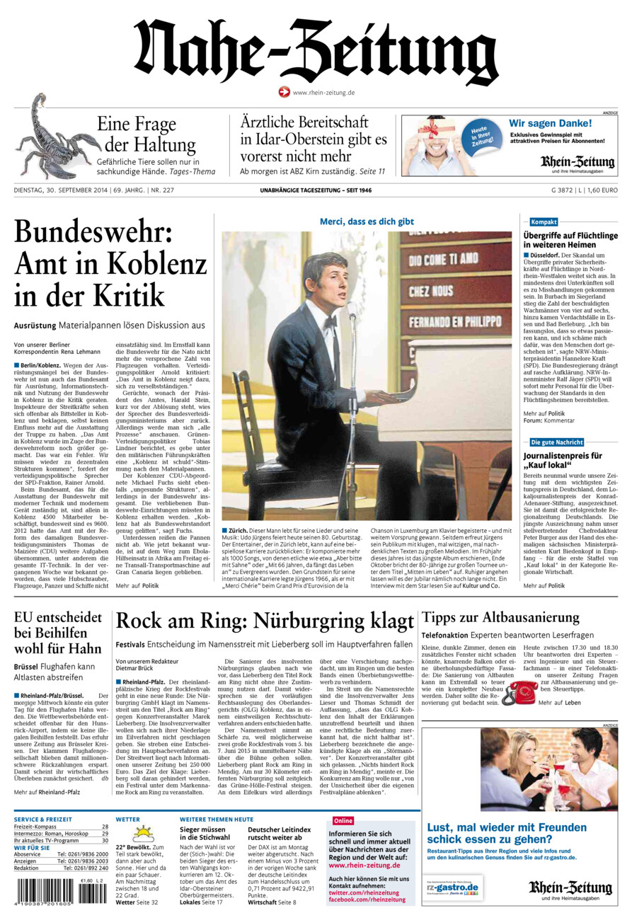 Nahe-Zeitung vom Dienstag, 30.09.2014