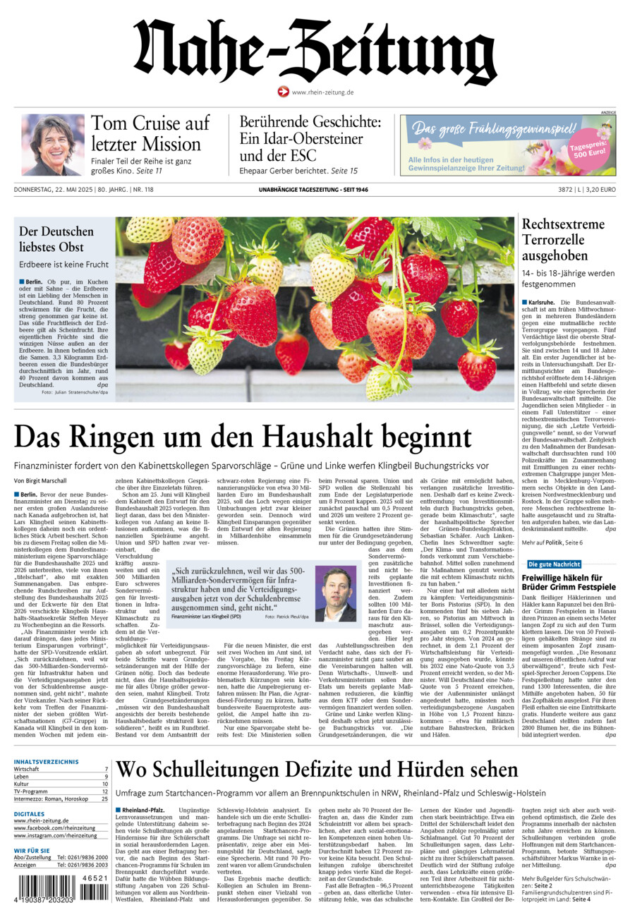 Nahe-Zeitung vom Donnerstag, 22.05.2025