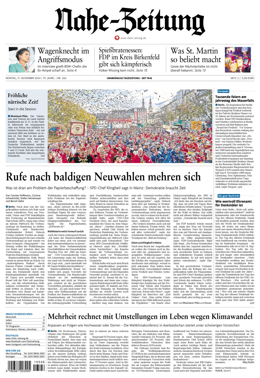 Nahe-Zeitung vom Montag, 11.11.2024