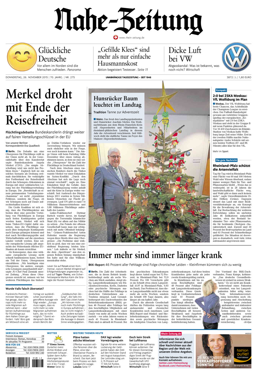 Nahe-Zeitung vom Donnerstag, 26.11.2015