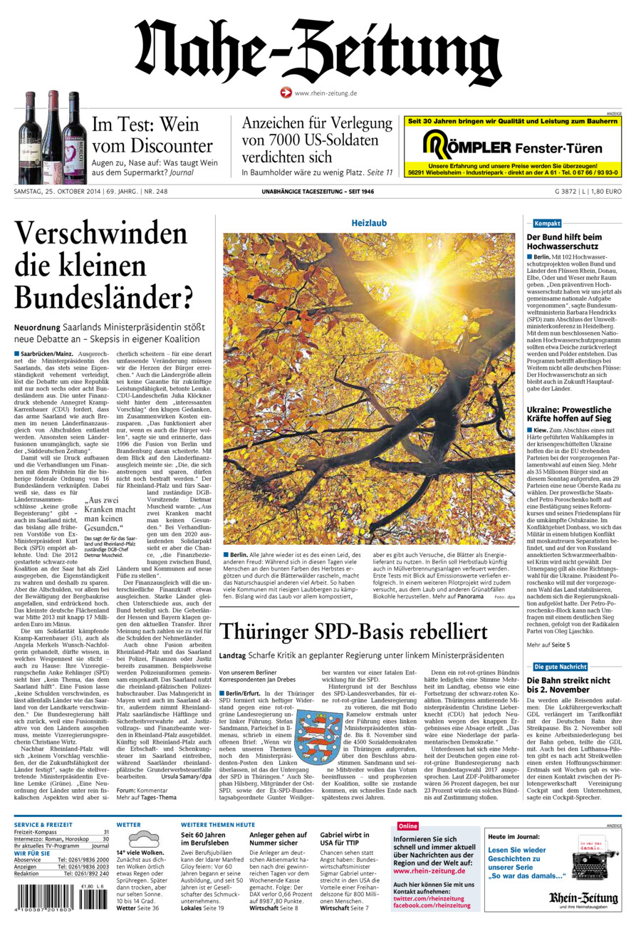 Nahe-Zeitung vom Samstag, 25.10.2014