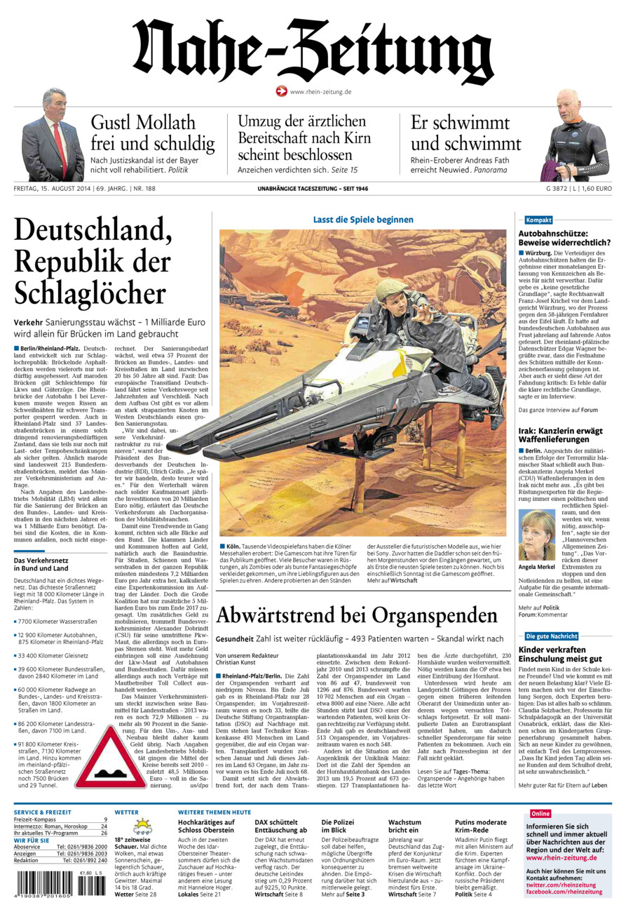 Nahe-Zeitung vom Freitag, 15.08.2014
