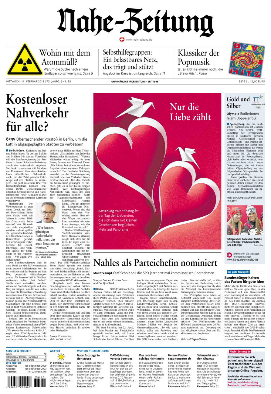 Nahe-Zeitung vom Mittwoch, 14.02.2018