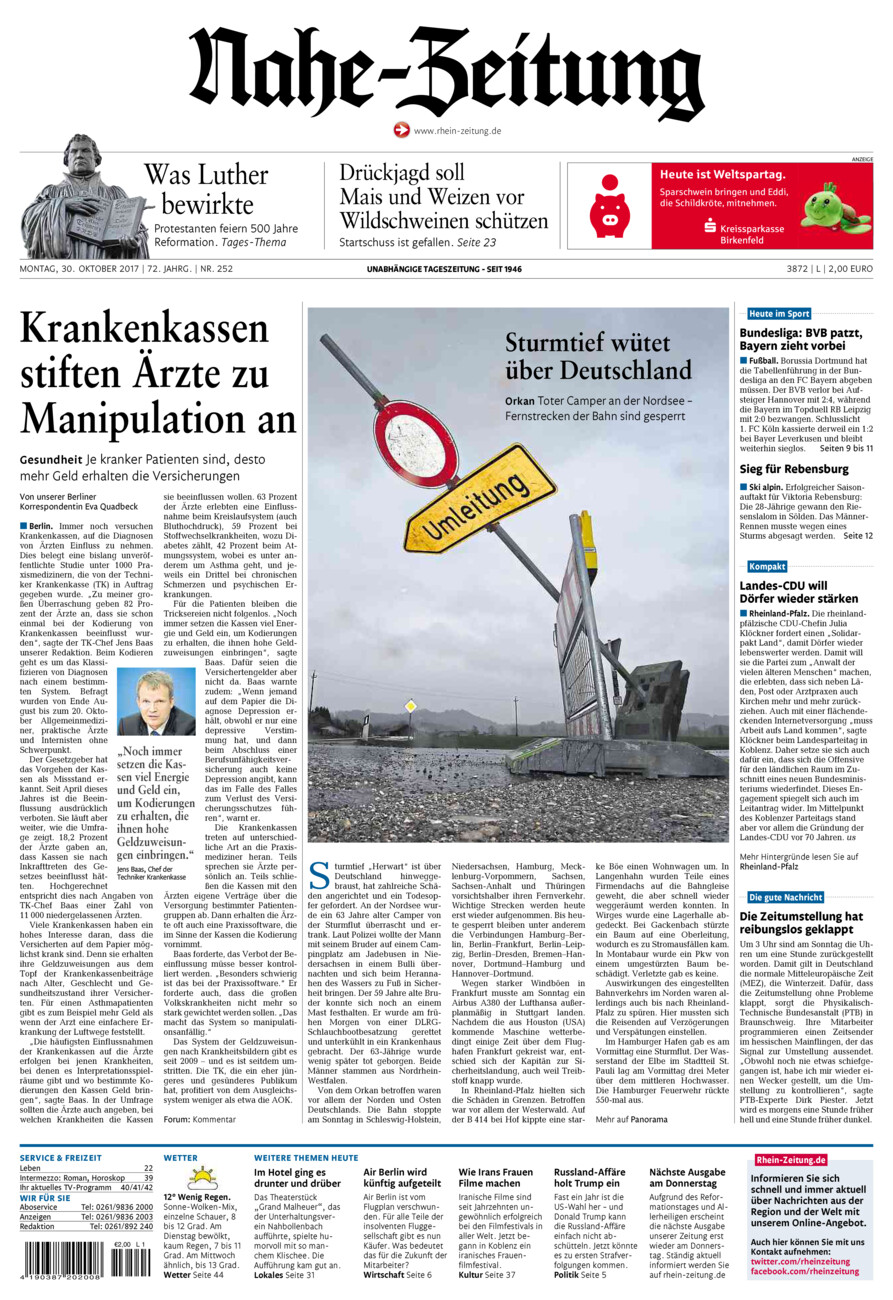 Nahe-Zeitung vom Montag, 30.10.2017