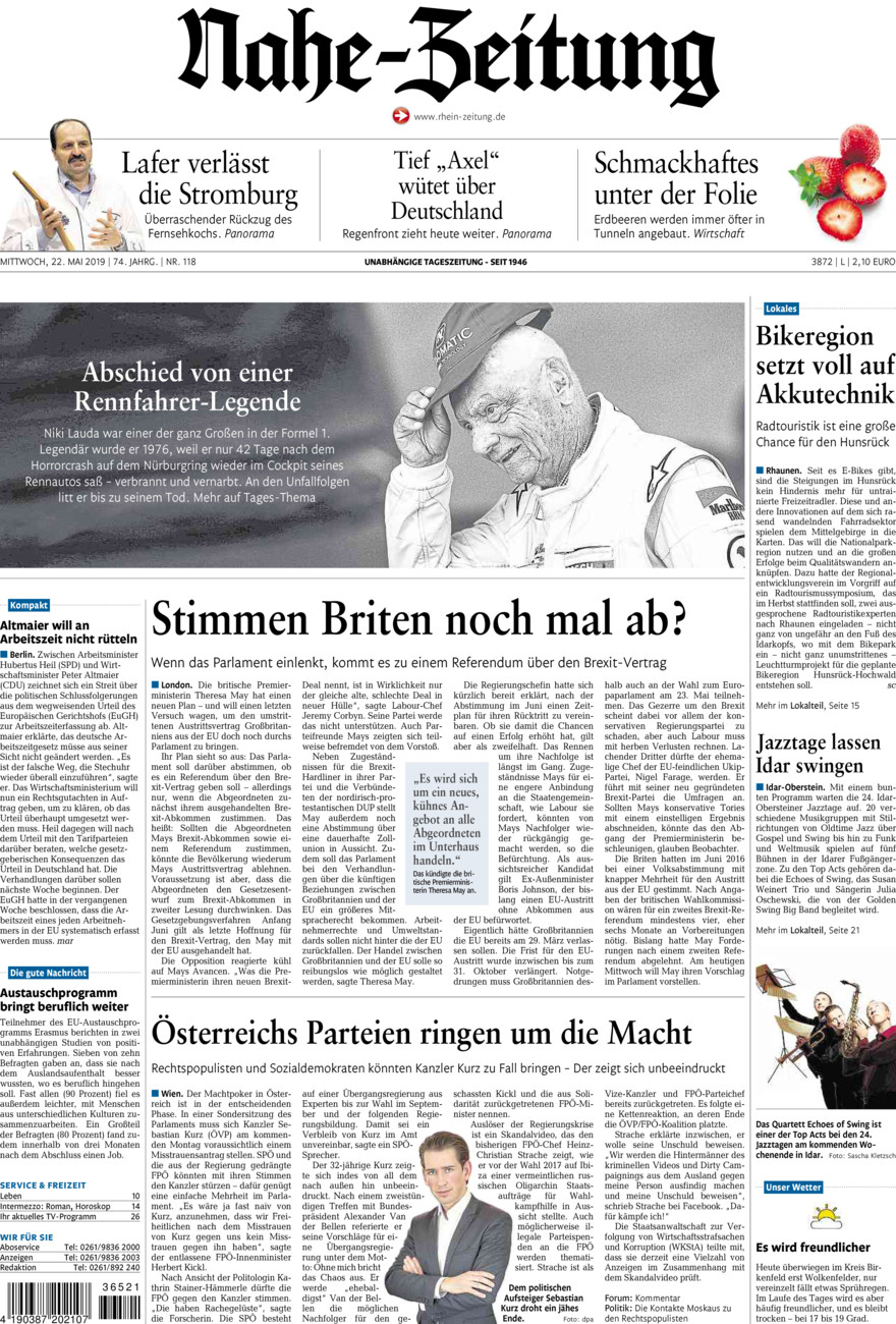 Nahe-Zeitung vom Mittwoch, 22.05.2019