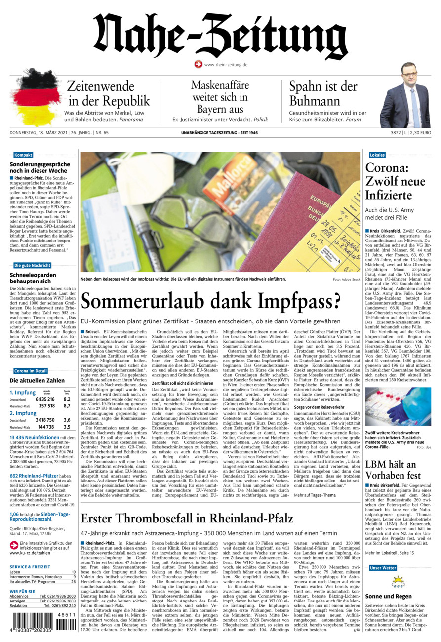 Nahe-Zeitung vom Donnerstag, 18.03.2021