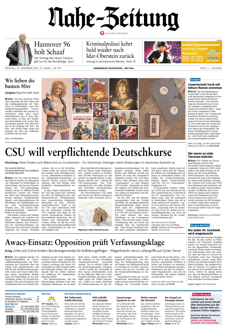 Nahe-Zeitung vom Dienstag, 29.12.2015
