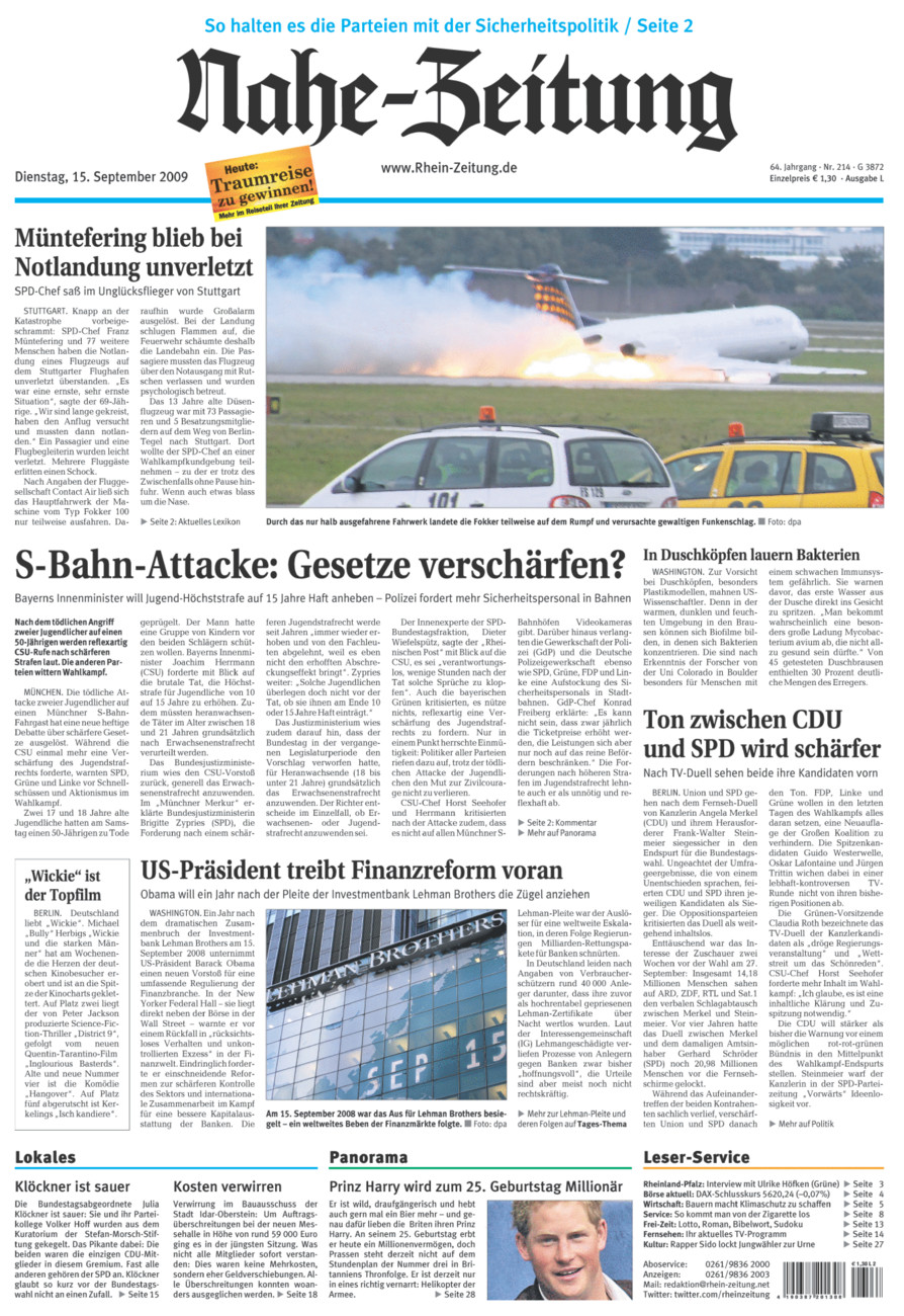 Nahe-Zeitung vom Dienstag, 15.09.2009