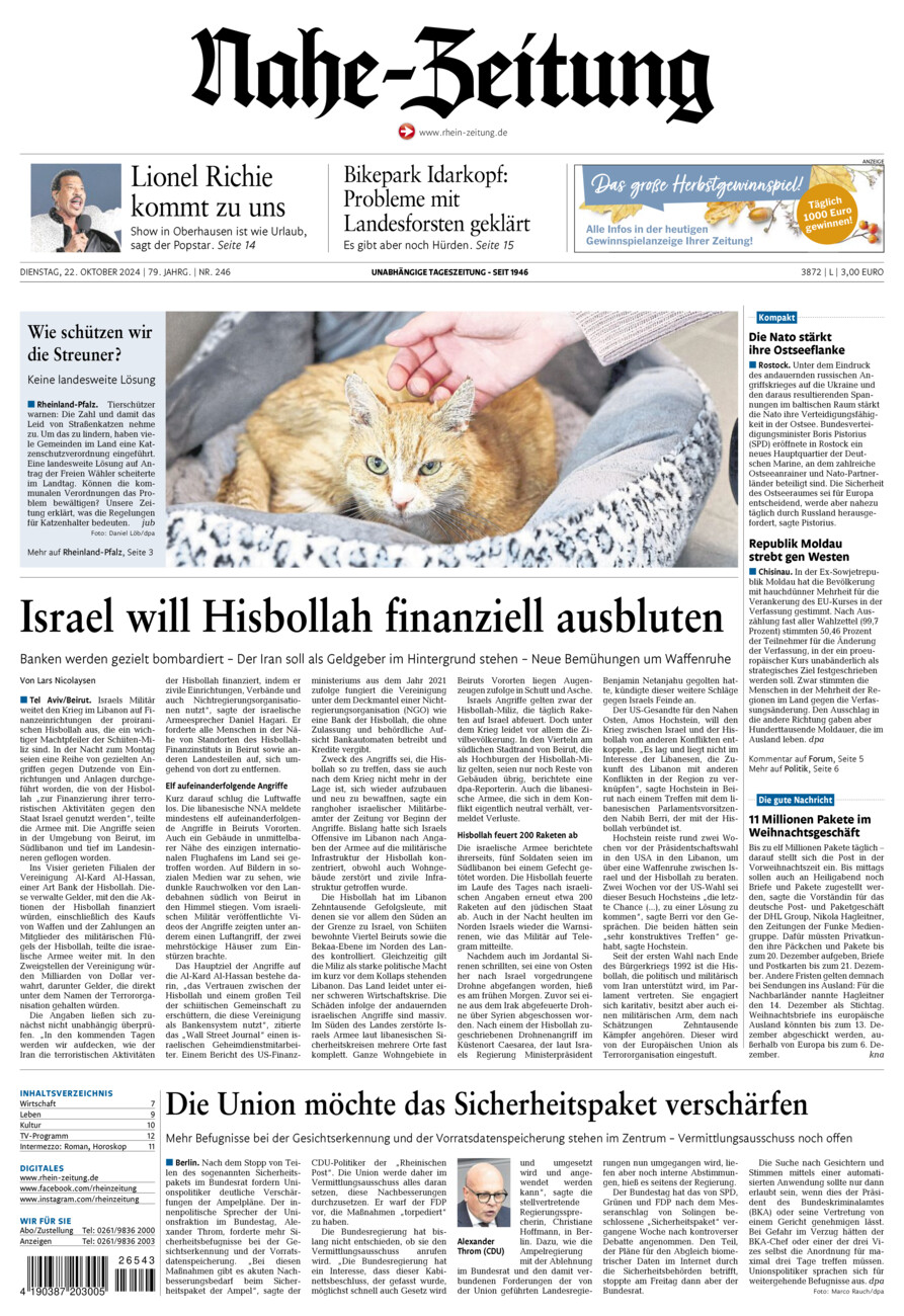 Nahe-Zeitung vom Dienstag, 22.10.2024