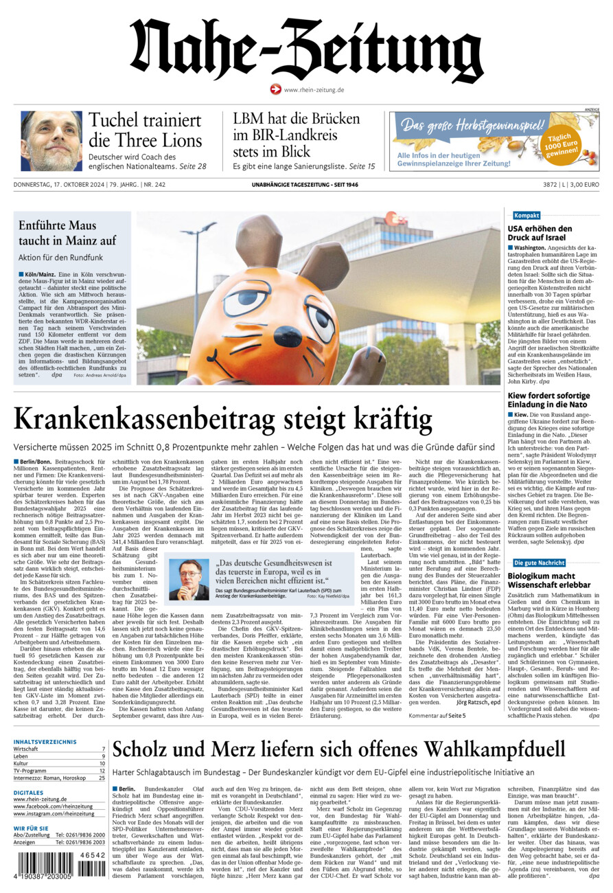 Nahe-Zeitung vom Donnerstag, 17.10.2024