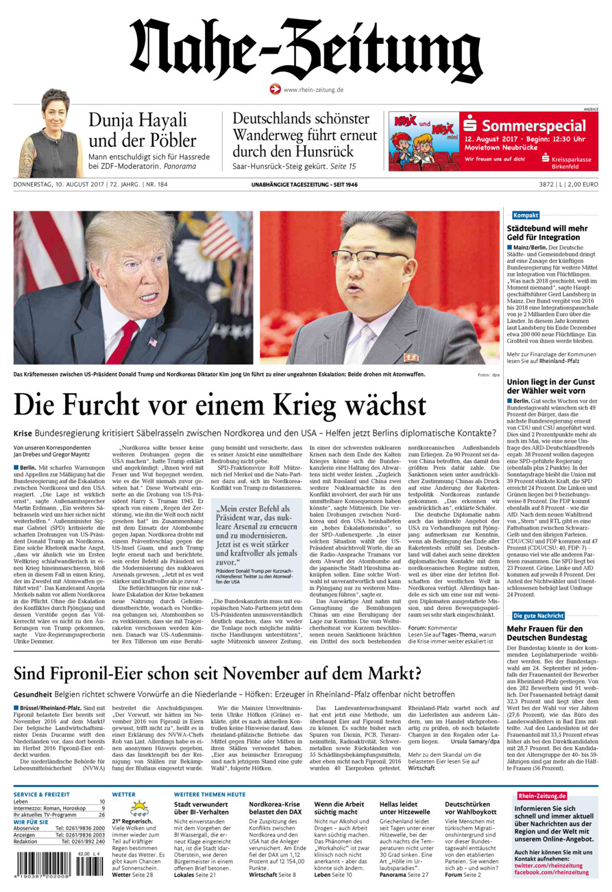 Nahe-Zeitung vom Donnerstag, 10.08.2017