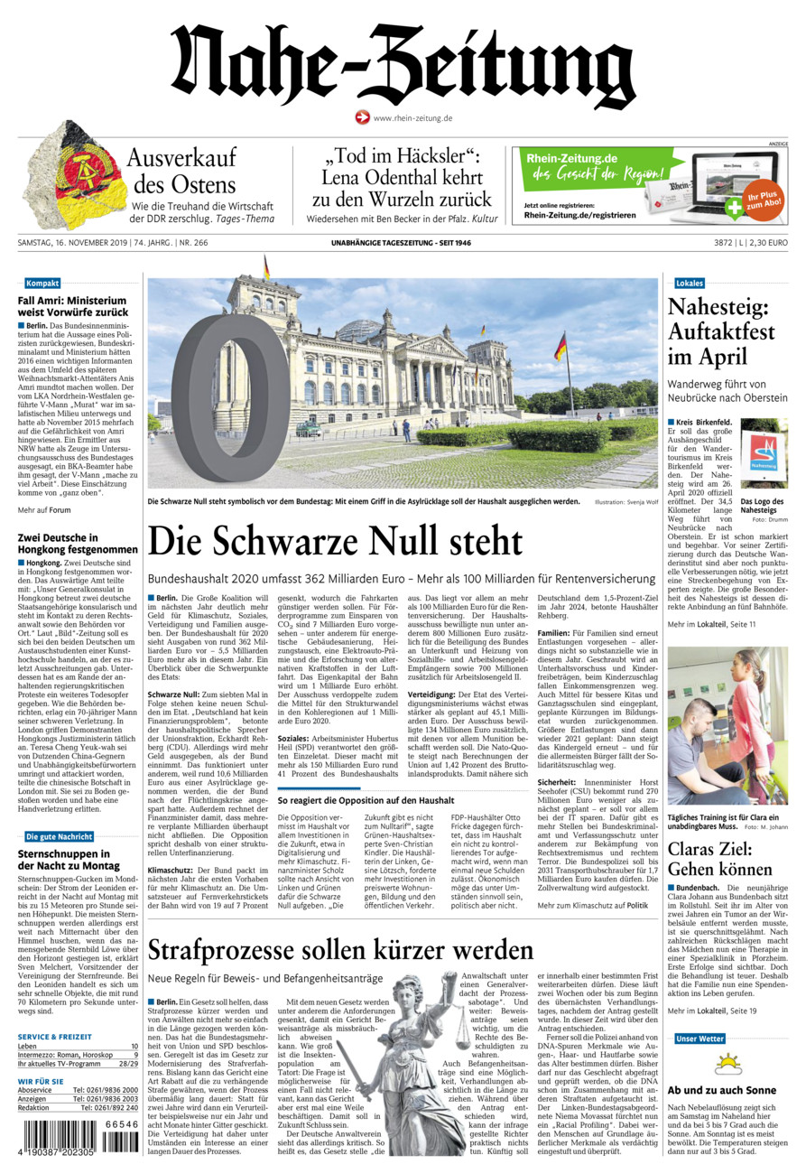 Nahe-Zeitung vom Samstag, 16.11.2019